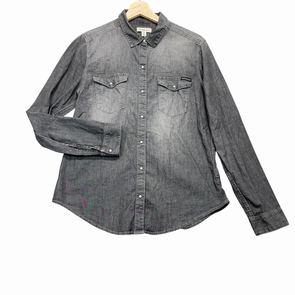 Calvin Klein Jeans Denim Snap Button Shirt Gray Long Sleeve Western Womens Sz M